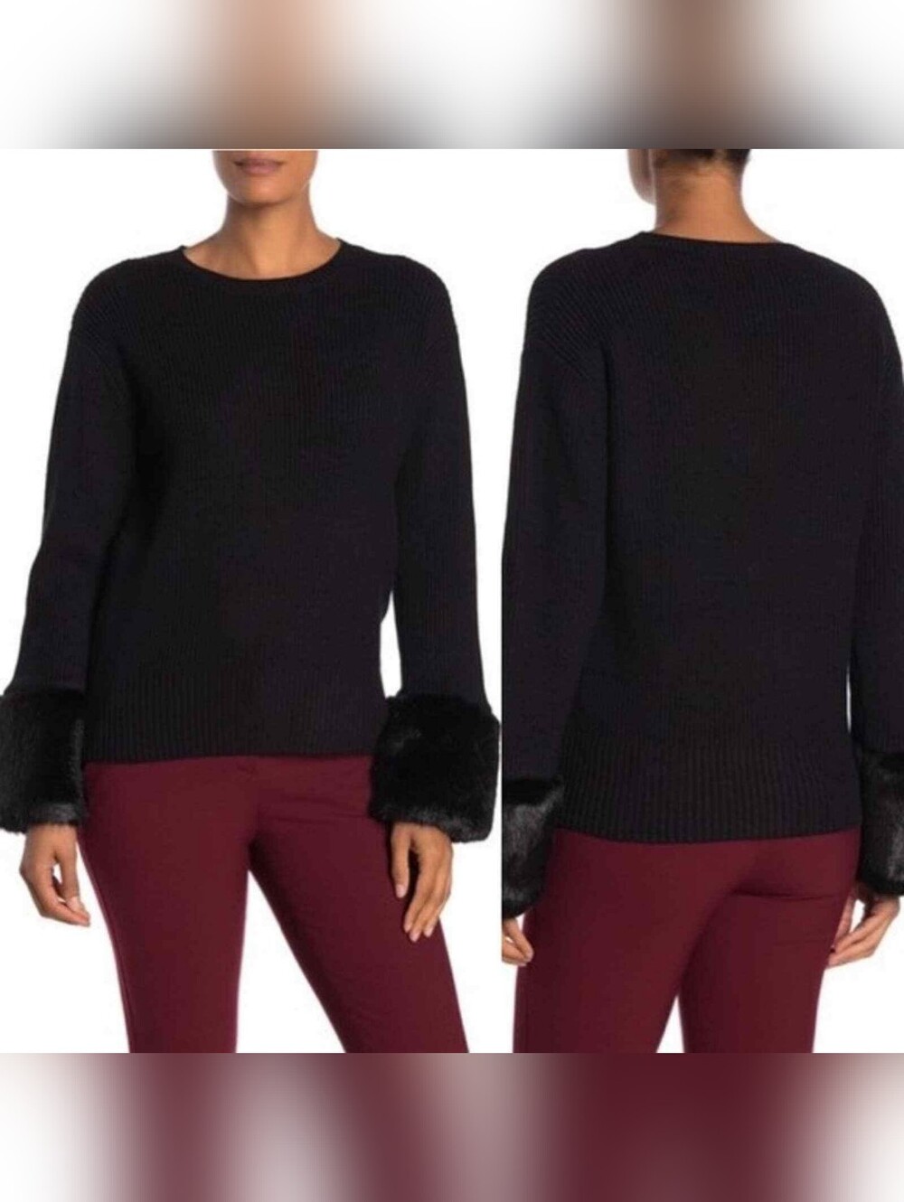 🆕 Love token Black Chunky Knit warm thick viscose sweater w faux fur cuffs_XS